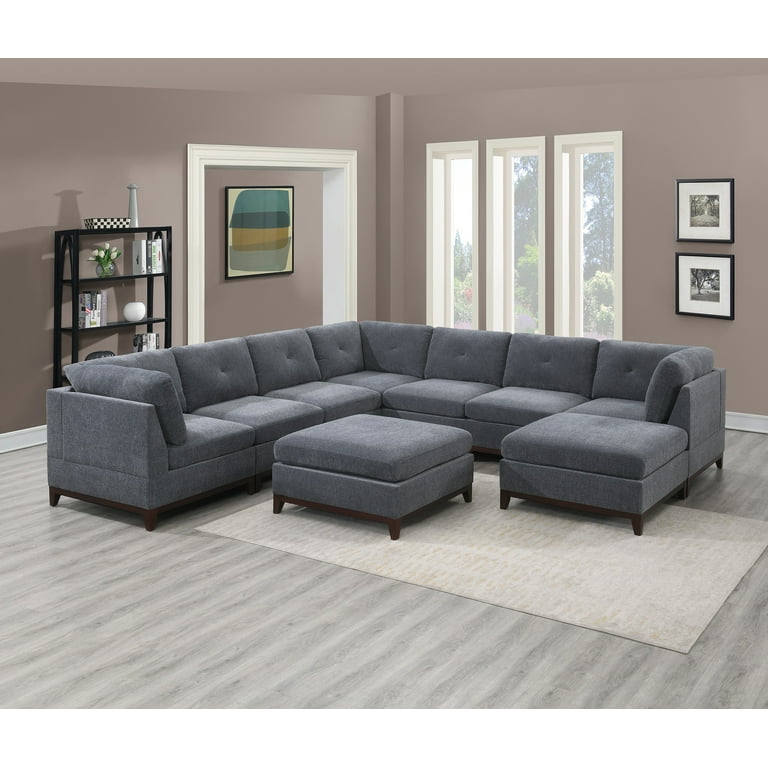 Chenille Ash Grey Large Sectional Sofa Set Corner Wedge Ottoman Chairs Comfort Living Room Furniture 9pcs Set Tufted