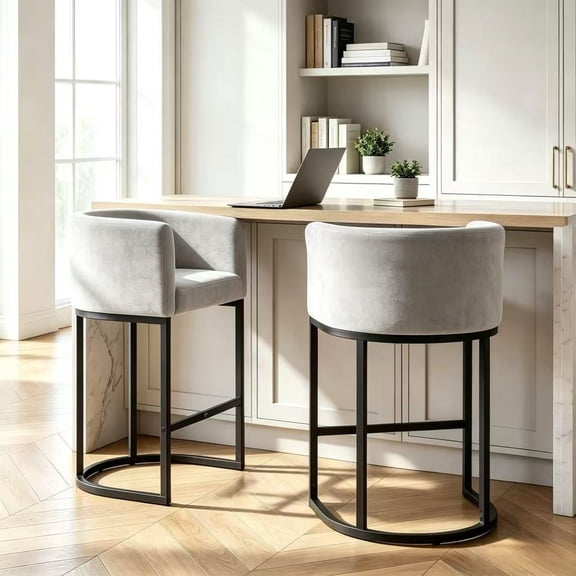 Exnote Chenille Barrel Back Counter Height Bar Stools Set of 2, 26 Inch Upholstered Kitchen Island Bar Chairs with Armrests & Footrest, Modern Bar Stools for Dining Room, Home Bar & Lounge, Grey