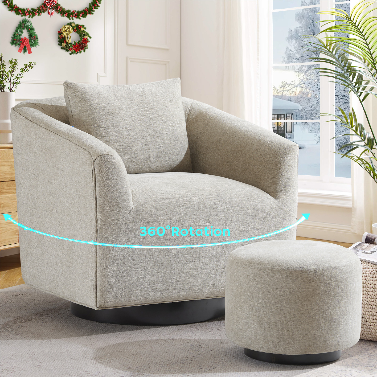 Chenille Barrel Swivel Accent Chair with Ottoman, 360° Real Wood Base