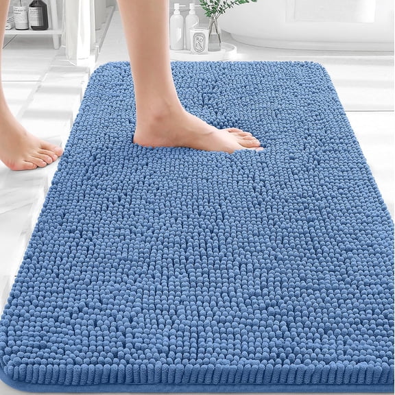 Chenille Bath Rug 30" X 20" with Rubber Backing Quick Dry Machine Washable Cornflower Blue