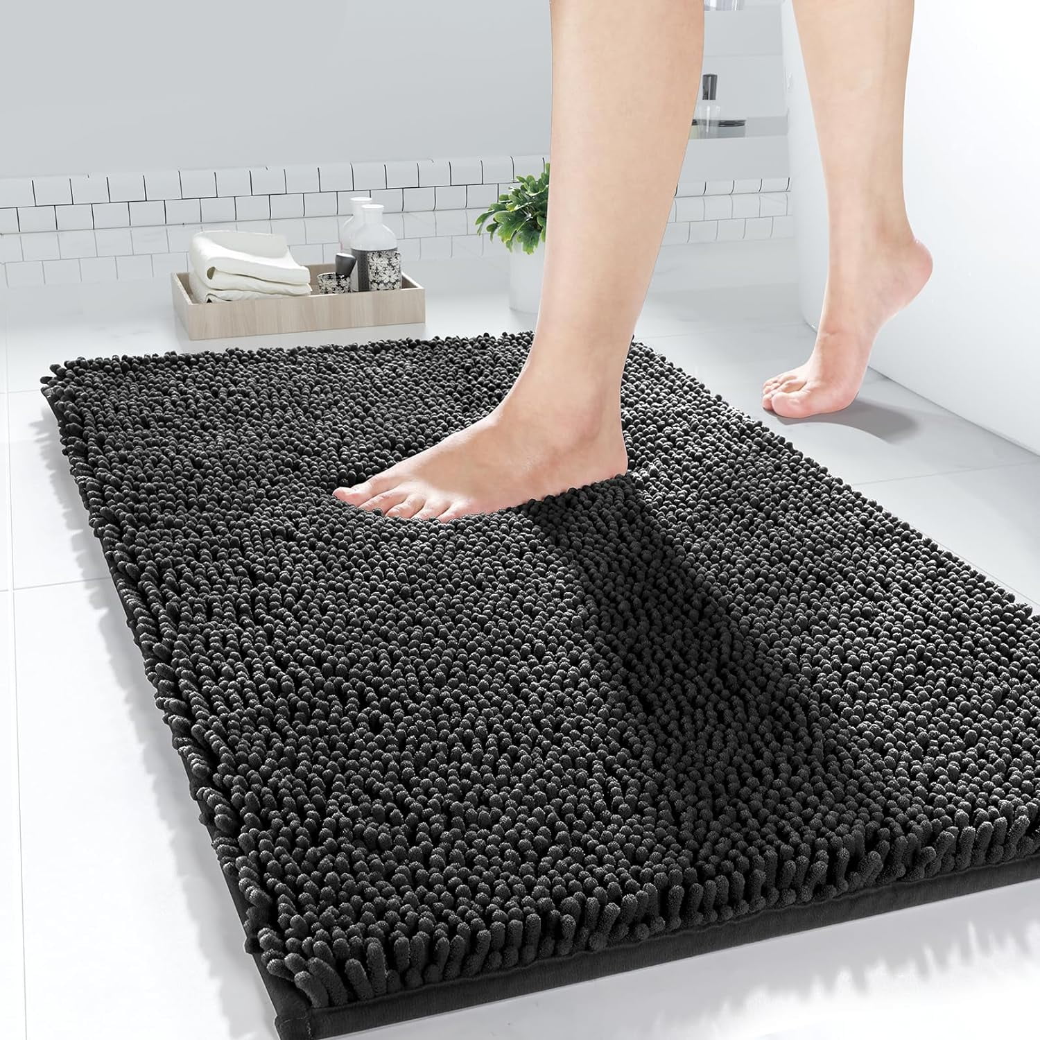 Chenille Bathroom Rug, 24x17, Extra Soft Absorbent Bath Rugs, Non-Slip, Bath Mats for Bathroom Floor, Water Absorbent, Machine Washable, Plush Bathroom Mat for Tub and Shower, Black