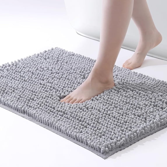 Chenille Bathroom Rugs Mat,Non-Slip Bath Mat for Bathroom Floor & Bathtub, Washable Soft Shower Shag Bath Rugs, Durable Fluffy Thick Water Absorbent Microfiber Shower Mat, Light Gray