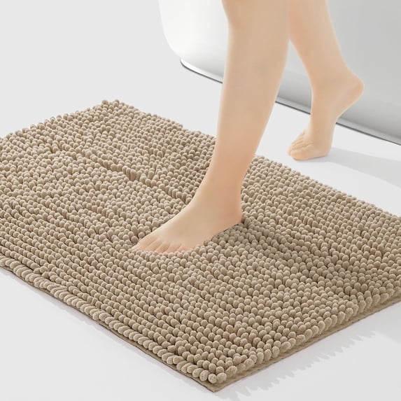 Chenille Bathroom Rugs Non-Slip Bath Mat 32"x20", Washable Soft Shower Mat, for Bathroom Floor & Tub Fluffy Shaggy Rug, Durable Thick Water Absorbent Microfiber Plush Rugs, Light Brown