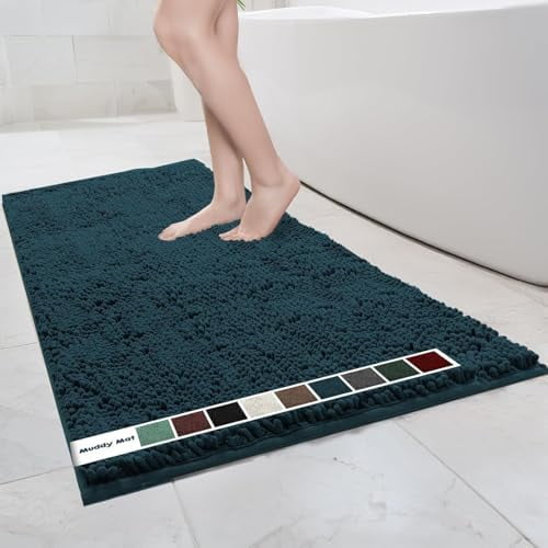 Chenille Bathroom Rugs Quick Dry Microfiber Mats Non Slip Washable, Extra Thick, Soft and Highly Absorbent Bath Mats for Bathroom, Kitchen, and Shower Floor - Atlantic Blue XL 60"X36"