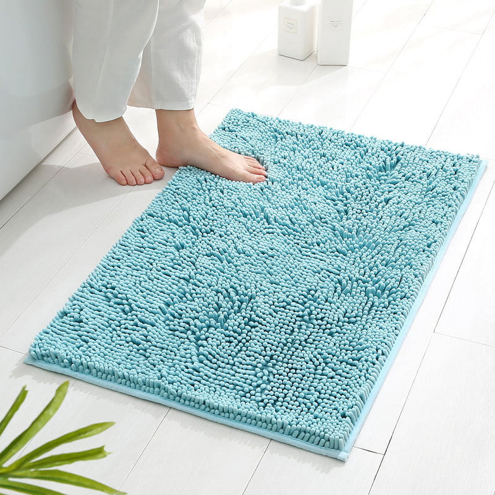 Teal Blue Chenille Bath Rugs, 32x20 &amp; 24x17 Inch, Plush, Non-Slip ...