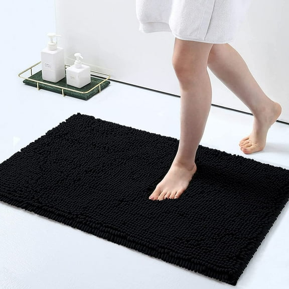 Chenille Bathroom Rugs, Soft Chenille Bath Mat, Non Slip Absorbent Bath Rug, Shaggy Chenille Bath Rug, Quick Dry Chenille Shower Mat Carpet, Machine Washable Rugs for Shower Floor (24"x47", Black)