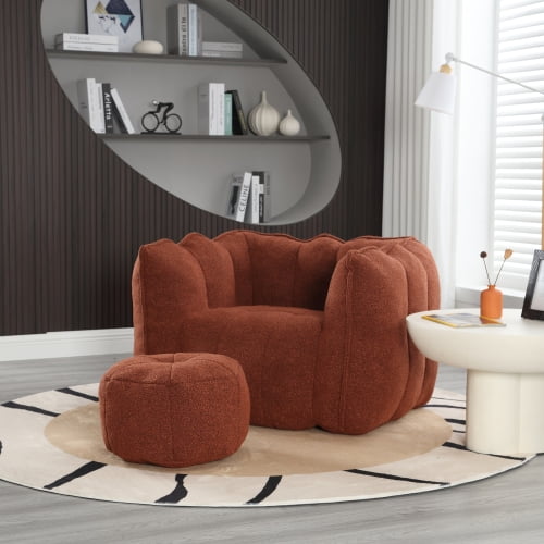 Chenille Bean Bag Chair with Footstool Square Lazy Sofa for Living Room Bedroom Gaming Red Brown
