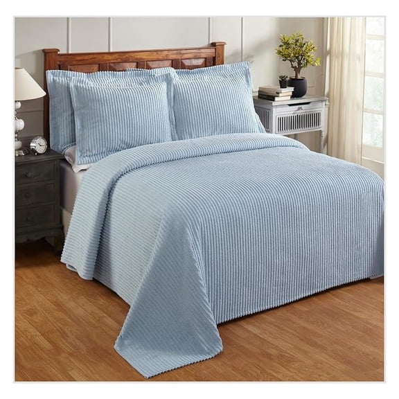 Chenille Bedspreads Queen Size, Blue 100% Cotton Chenille Stripe Design Tufted Bedding Coverlet Soft Lightweight, 102"x110" 1 Pieces Jullian Collection