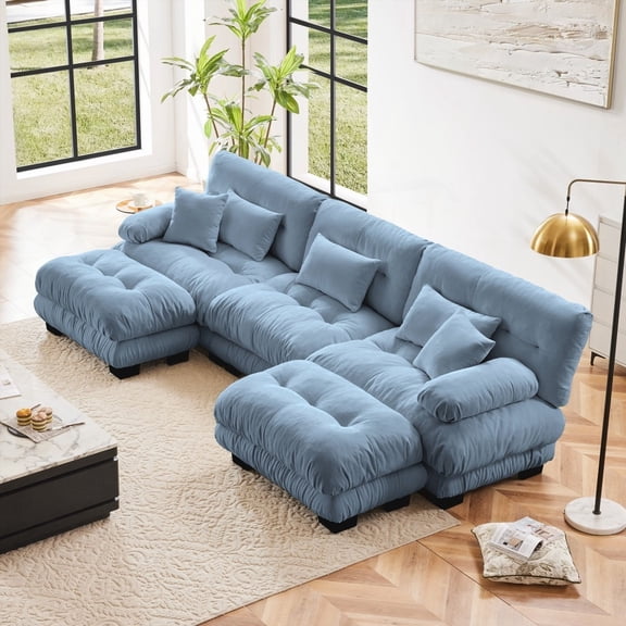 Chenille Blue Living Room Sofa Couch - Oversized U Shaped Cloud Sectional with 2 Ottomans