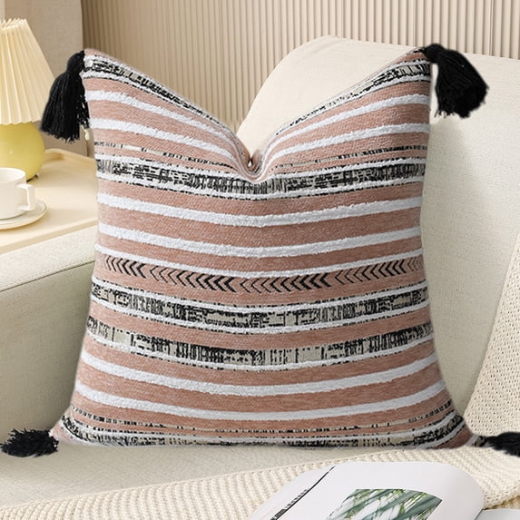 Chenille Bohemian Throw Pillow Cover Textured Geometric Tassel Cushion Case For Couch Khaki 17.7x17.7 Inch