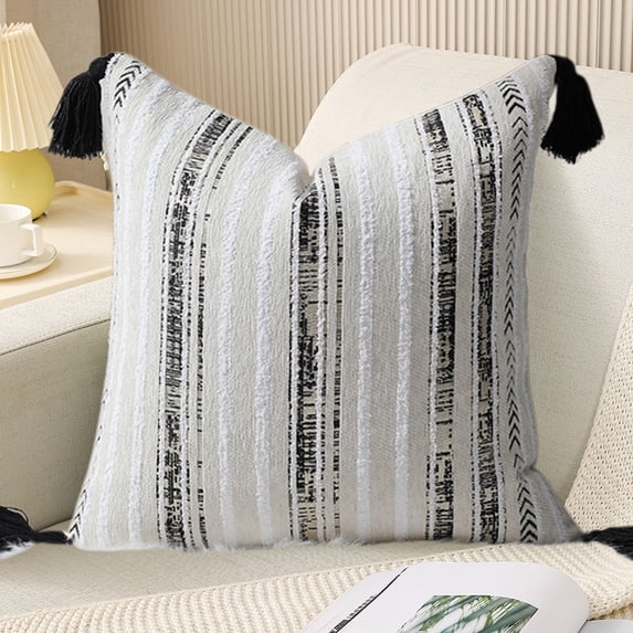 Chenille Bohemian Throw Pillow Cover Textured Geometric Tassel Cushion Case For Couch White 17.7x17.7 Inch