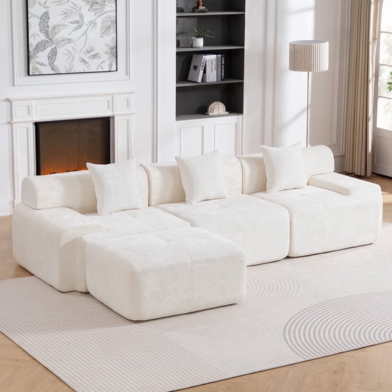 118" Chenille Boneless Sectional Sofa, 3-Seater Modern Modular Cloud Couch with Removable Ottoman, No Assembly Required, Beige