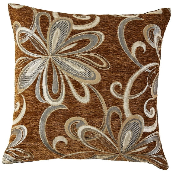 Chenille Chateau Vintage Floral Design 18" X 18" Decorative Throw Pillow, Color Brown