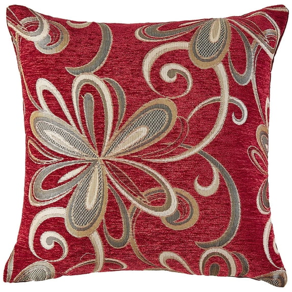 Chenille Chateau Vintage Floral Design 18" X 18" Decorative Cushion Cover, Color Burgundy