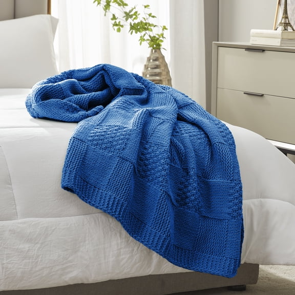 Chenille Checkered Throw Blanket Reversible Bedding Knit Blanket,50" X 60",Blue