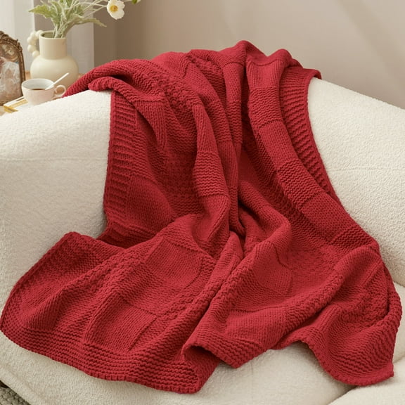 Chenille Checkered Throw Blanket Reversible Bedding Knit Blanket,50" X 60",Red