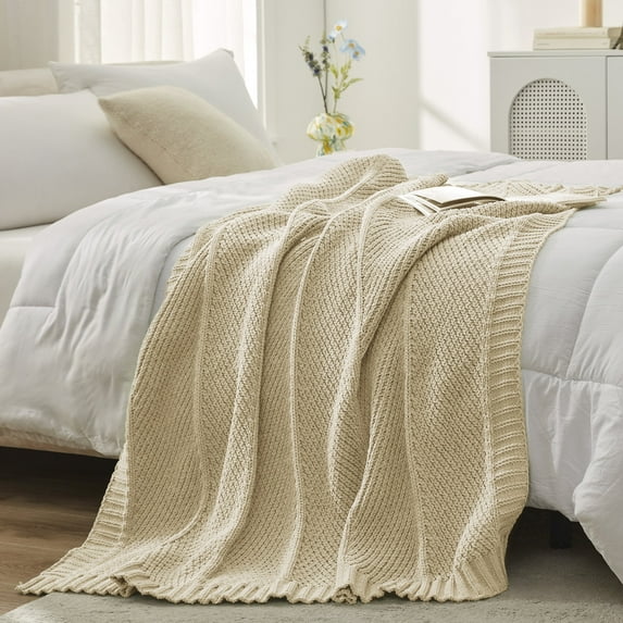 Chenille Chunky Knit Throw Blanket Chevron Textured Bedding Blanket,50" X 60",Beige