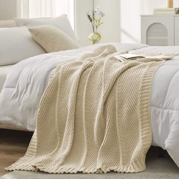 Chenille Chunky Knit Throw Blanket Chevron Textured Bedding Blanket,60" X 80",Beige