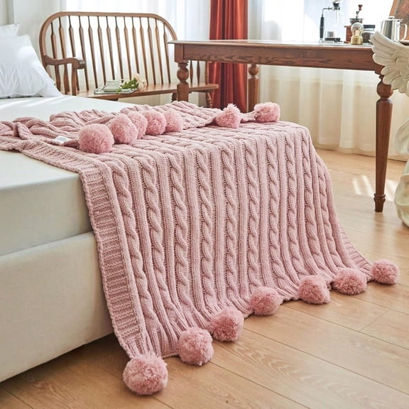 Chenille Chunky Knitted Throw Blanket With 14 Pcs Pom Poms Tassel Super Soft Cozy Warm Blanket For Sofa Bed Soft Couch 50 X60 Inches Pink ?