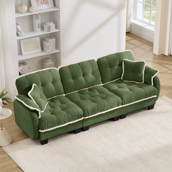 Chenille Cloud 3-Seater Sofa with 4 Pillows, Pom-Pom Trim Quilted Tufted Cushion Ergonomic Design, Easy Assembly Deep Seat Couch for Living Room Office, Apartment, Green