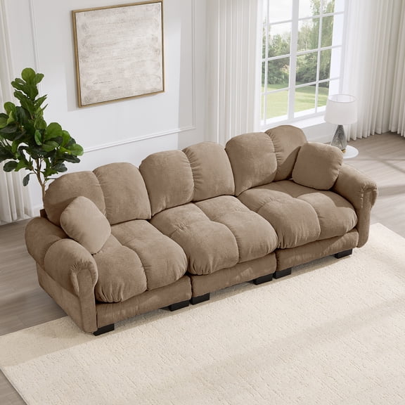 Chenille Cloud 3-Seater Sofa,Exquisite pillows and quilted back cushions,Soft padded armrests,Ergonomic Design ,Easy Assembly,Deep Seat Sofa Couch For Living Room,Brown