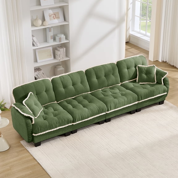 Chenille Cloud 4-Seater Sofa with 4 Pillows, Pom-Pom Trim Quilted Tufted Cushion Ergonomic Design, Easy Assembly Deep Seat Couch for Living Room Office, Apartment, Green