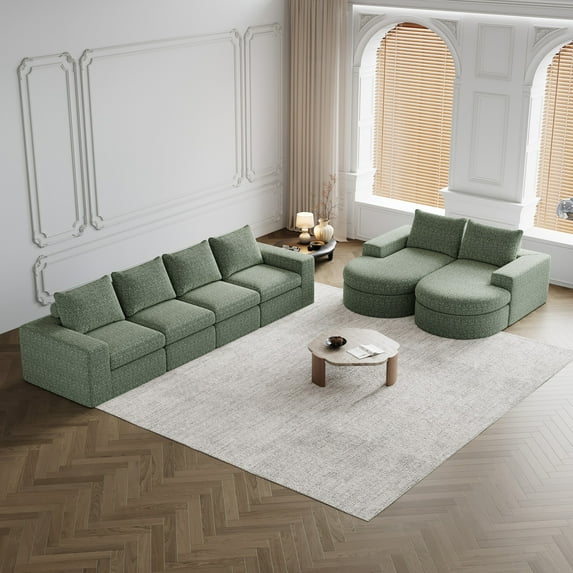 Chenille Cloud Curved Sectional Sofa with Chaise, L-Shaped Modern Upholstered Sectional Sofa with Six Modules, Chenille Sectional Sofa for Living Room and Bedroom, No Assembly Required (Green)
