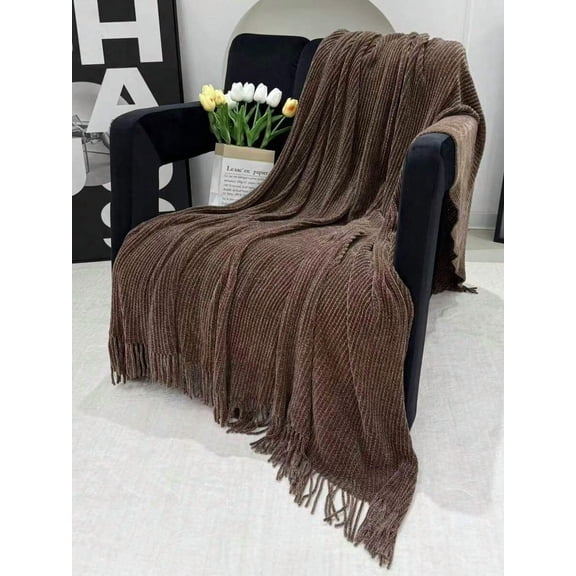 Chenille Coffee Diamond Knit Throw Blanket, Nordic Style Acrylic Sofa Throw With Fringe