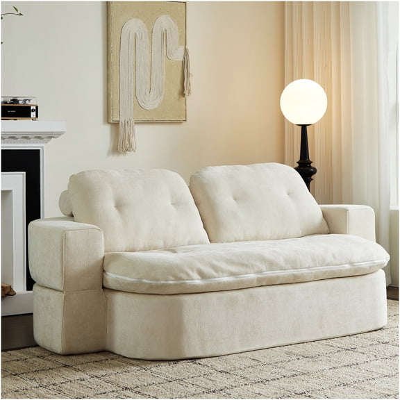 Chenille Convertible Floor Sofa Bed with Pillows, Cream Foldable Sleeper Couch for Living Room, No Assembly Required