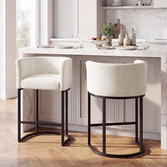 Chenille Counter Height Bar Stools Set of 2, 26" Kitchen Island Stools with Arms & Footrest, Upholstered Barrel Back Bar Chairs for Kitchen， Dining Room, Bar & Lounge Area, Off-White