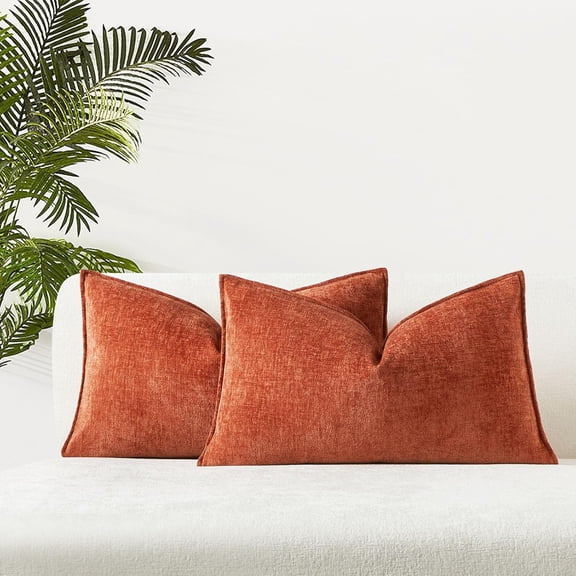 Chenille Decorative Lumbar Throw Pillow Covers 12x20 Set of 2 for Couch,Burnt Orange