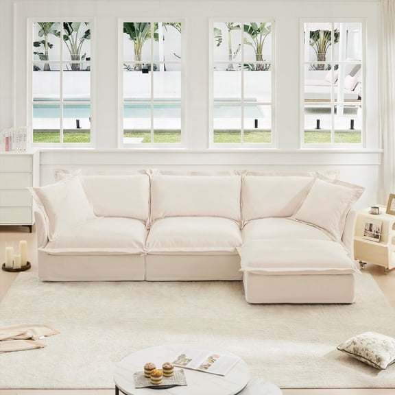 Modern Oversized L-Shaped Slipcovered Sectional Sofa in Cream (2208075cm) with Convertible Ottoman