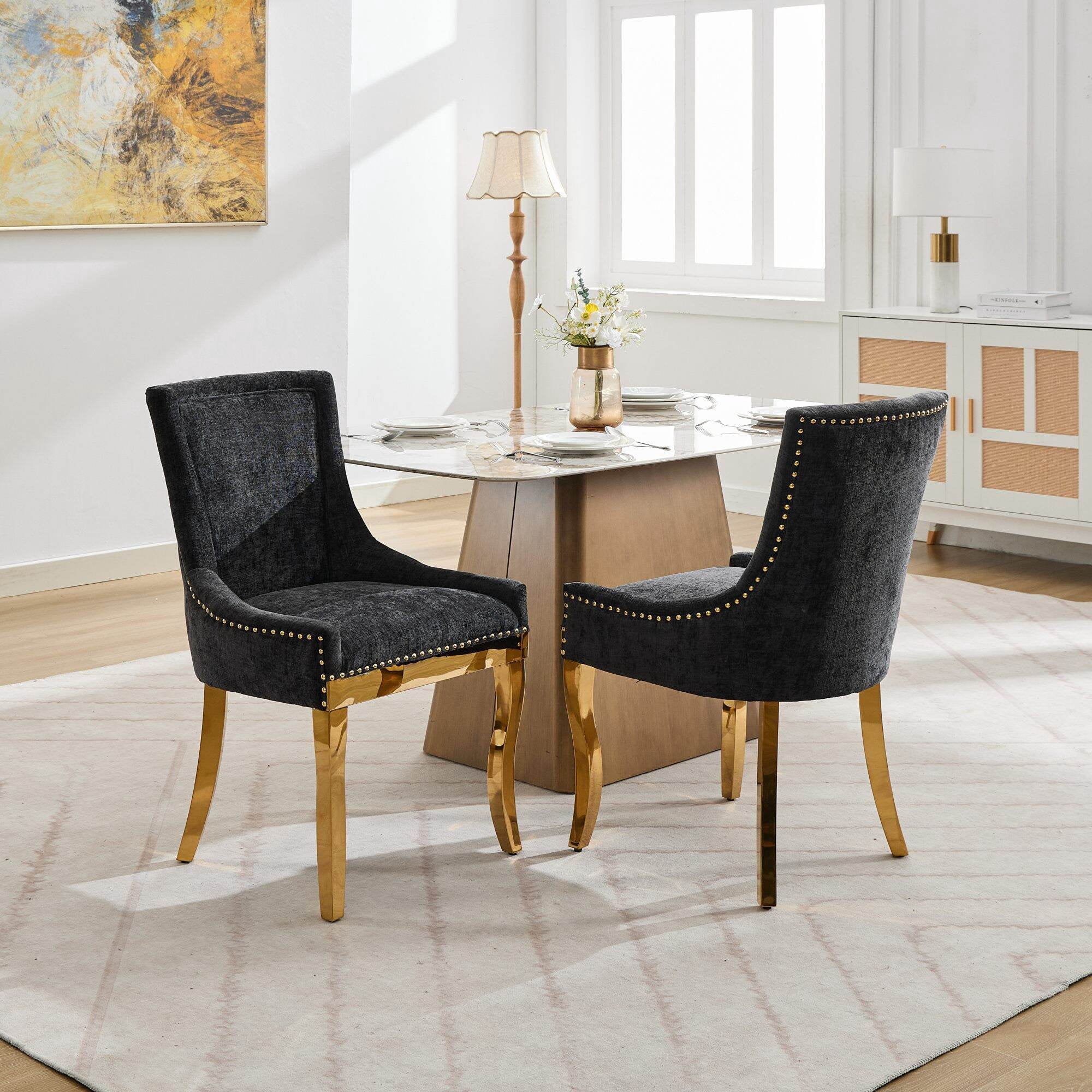 Chenille Dining Chairs, Modern Style with Curved Gold - Plated Legs ...