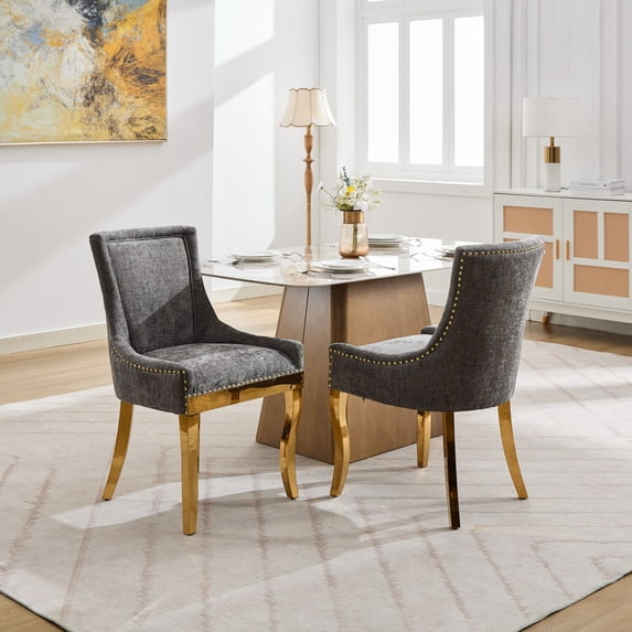 Chenille Dining Chairs Set of 2, Modern Style with Curved Gold - Plated Legs & Rivet Trim, Upholstered Comfort for Dining/Lounge, Accent Seating with Textured Fabric & One - Piece Structure