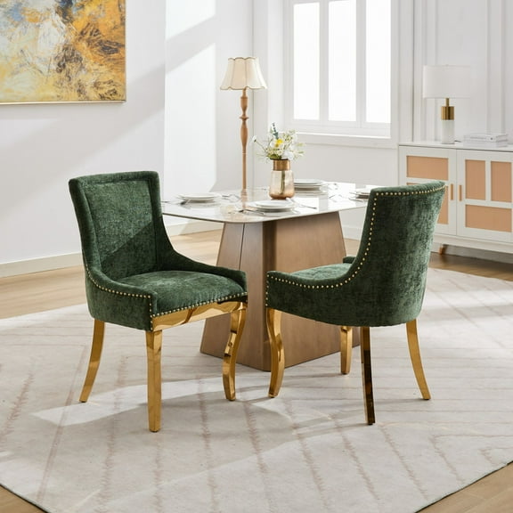 Chenille Dining Chairs Set of 2, Upholstered Kitchen Chairs with Curved Gold Legs and Rivet Trim, Modern Accent Vanity Chairs for Dining Room, Green