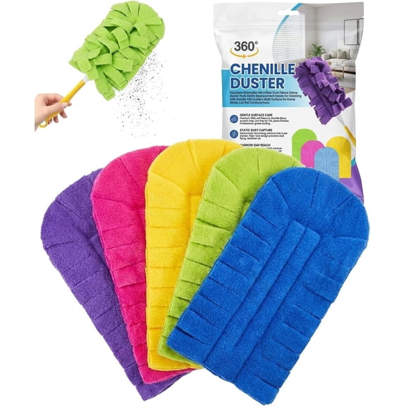 Chenille Duster Washable Microfiber Dust Fleece Damp Duster Pads Refills Heads for Cleaning with Handle Flat Dusters Multi Surface for Blinds Furniture Fans