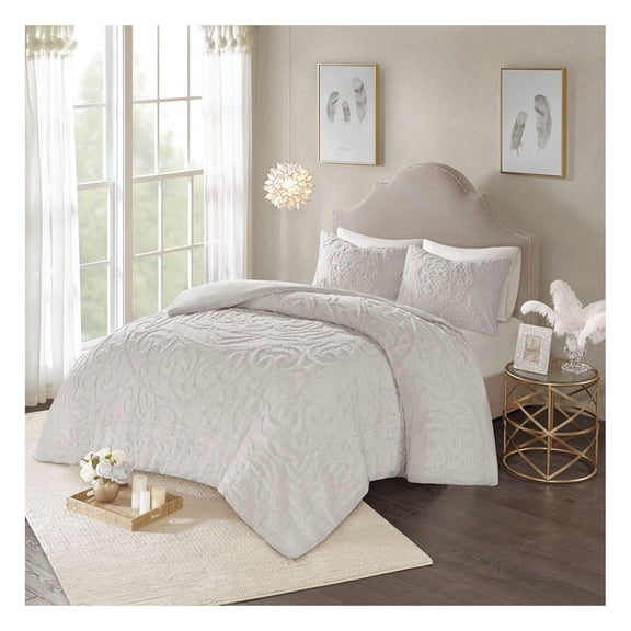 Chenille Duvet Cover Set - 3 Piece Boho Medallion Cotton Bedding - Shabby Chic Global Inspired Decor - King/Cal King, Grey