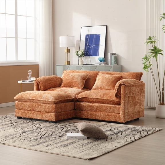 Chenille Fabric Double Sofa! Side Pockets, Removable Armrests, High Density Sponge Filling, Comfortable Footstool Included