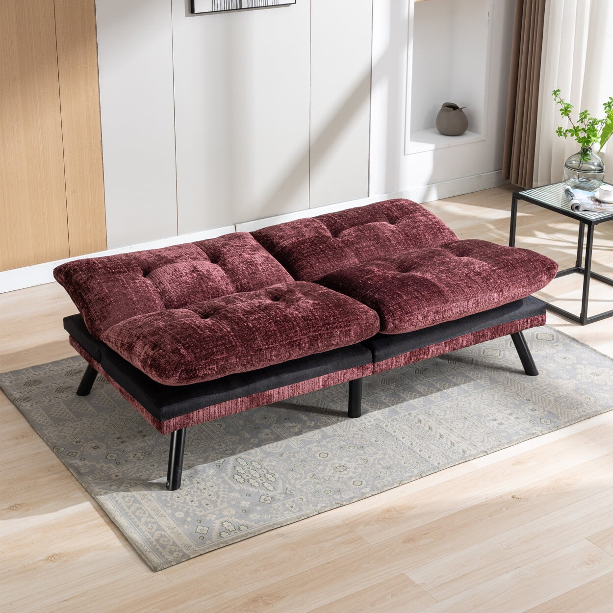 Chenille Fabric Futon Sofa Bed, Modern Convertible Sleeper Sofa
