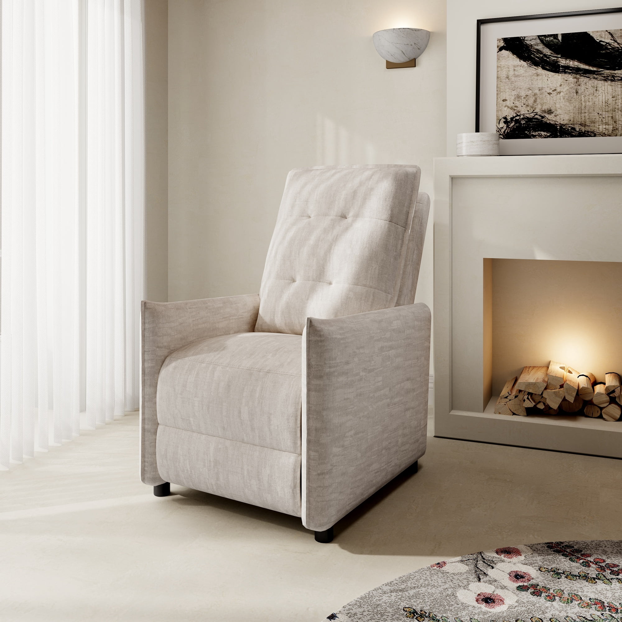 Chenille Fabric Recliner Chair with Manual Push Back Recline, Overstuffed High-Density Foam & Metal Frame, Adjustable Footrest for Living Room, Beige