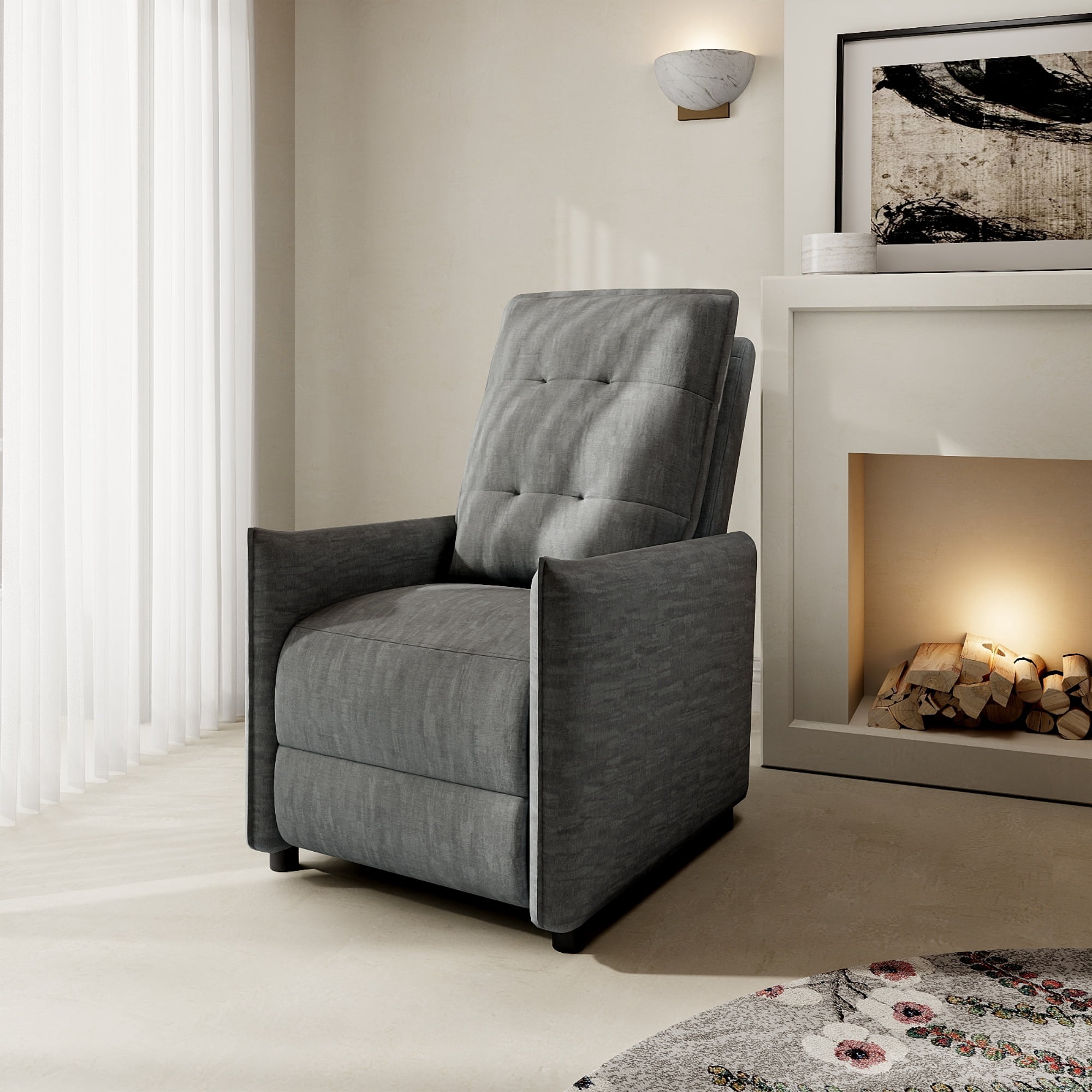 Chenille Fabric Recliner Chair with Manual Push Back Recline, Overstuffed High-Density Foam & Metal Frame, Adjustable Footrest for Living Room, Gray