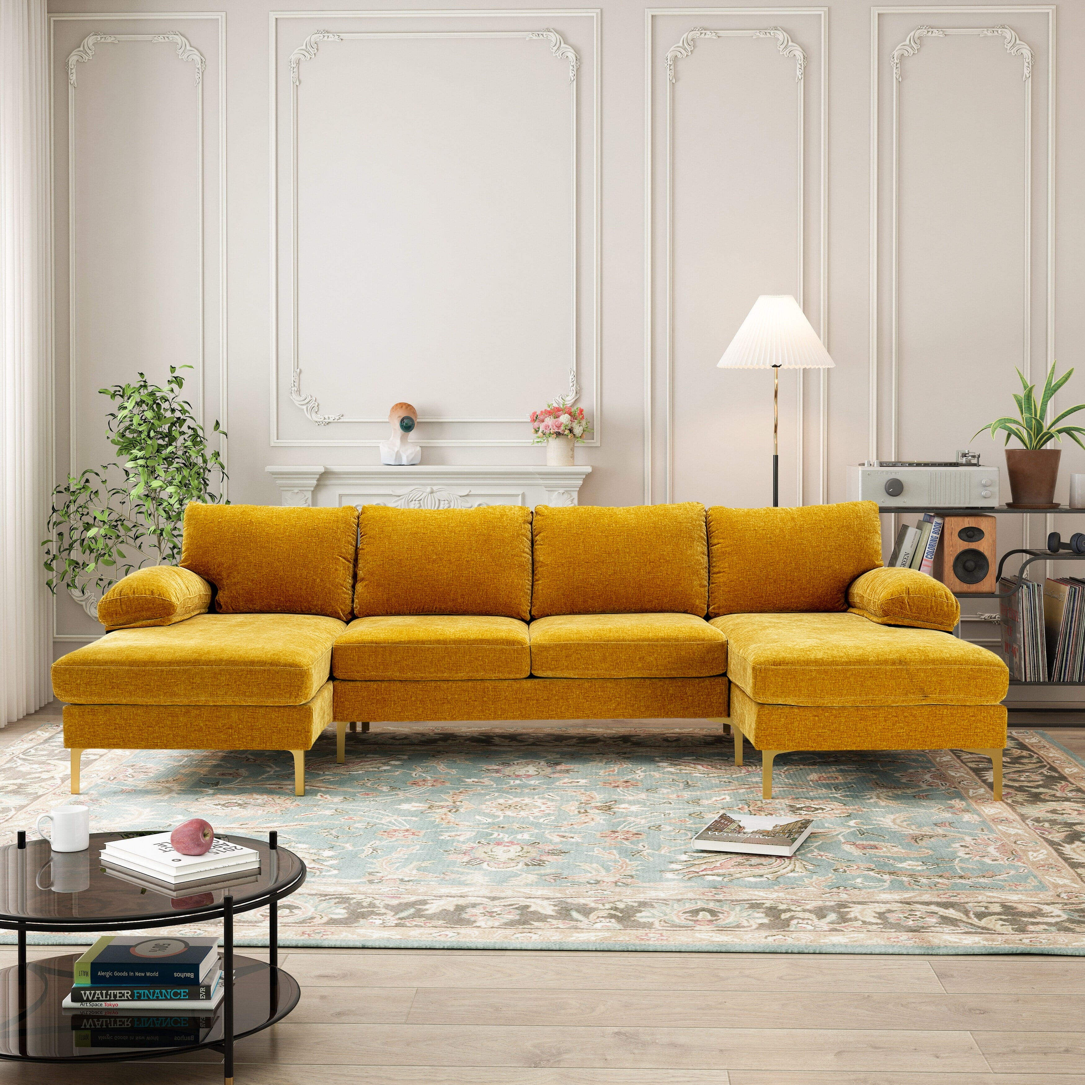 Yellow Chenille Fabric Sectional Sofa with Ottoman and Metal Legs