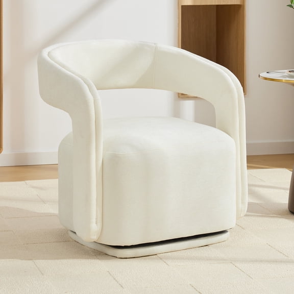 Chenille Fabric Swivel Accent Armchair, Comfy Barrel Leisure Chair With Curved Backrest, Upholstered Reading Chair With Black Swivel Base, 22-inch large seat depth and width, White