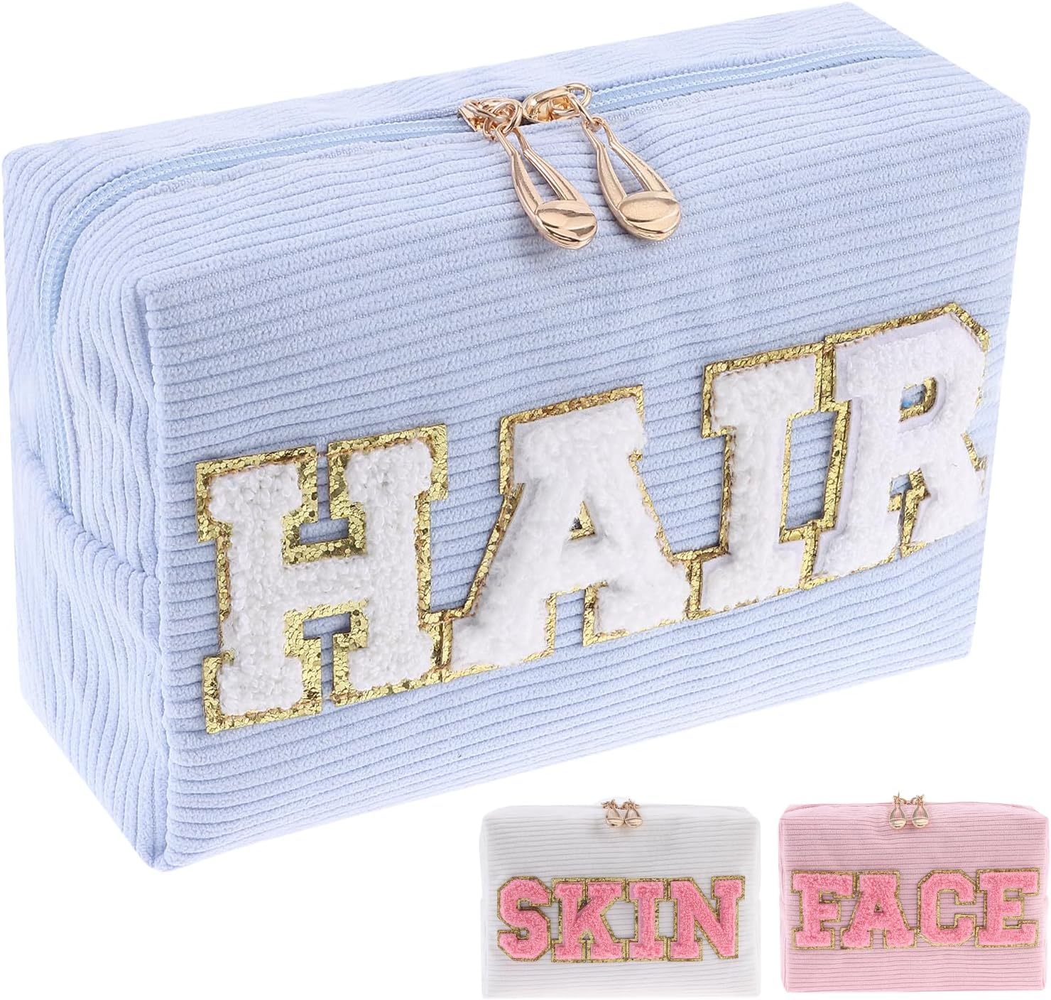 Chenille Glitter Letter Patch Corduroy Cosmetic Bag, Travel Preppy