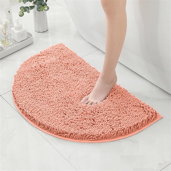 Chenille Half Circle Bathroom Rug, Non Slip Water Absorbent Bath Mat, Washable Bath Rugs for Bathroom Floor Bathtub Light Orange 1.3 x 2.0 Feet