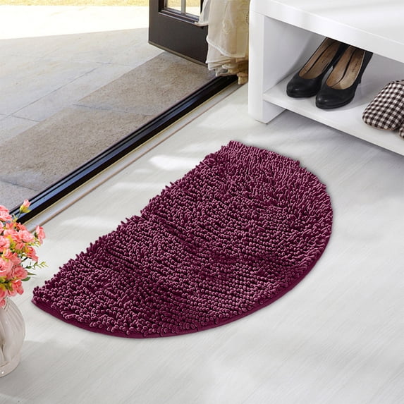 Chenille Half Circle Bathroom Rug, Non Slip Water Absorbent Bath Mat, Washable Bath Rugs for Bathroom Floor Bathtub, Plum, 1.2 x 1.8 Feet