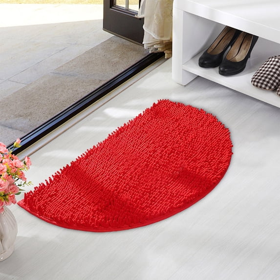 Chenille Half Circle Bathroom Rug, Non Slip Water Absorbent Bath Mat, Washable Bath Rugs for Bathroom Floor Bathtub, Red, 1.2 x 1.8 Feet