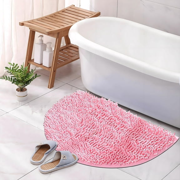 Chenille Half Round Bath Mat, Non Slip Water Absorbing Mat for Bathroom Entrance Floor, Washable Rubber Backing Bath Rug for Shower Toilet Bedroom Kitchen Entryway