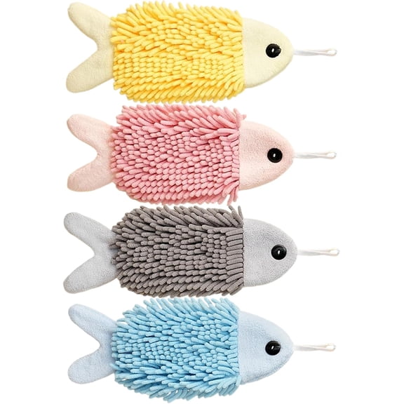 Chenille Hand Towel Set - 4-Piece Soft Absorbent Decorative Bathroom Hand Towels, 3D Fish Design with Color-Coded Pink, Yellow, Blue & Gray, for Home, Apartment & Animal Lovers