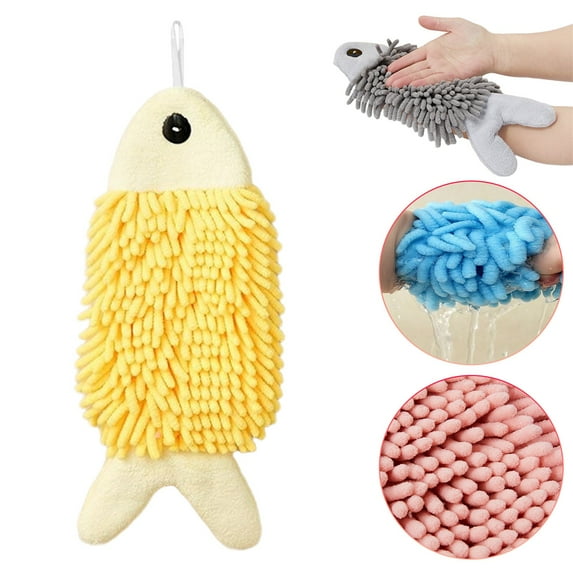 Chenille Hand Towels for Bathroom 、Kitchen and Bedroom |Hanging Hand Drying Towel with Button Loop | Funny Fish Hand Towel